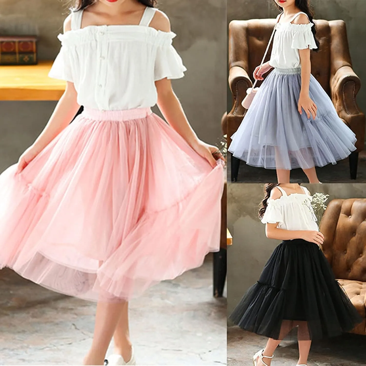 Little Child Girls Long Skirt Girls Tiered Ruffle Maxi Skirts Girls Soft Lace Party Wedding Gown Rainbow Tulle Dress