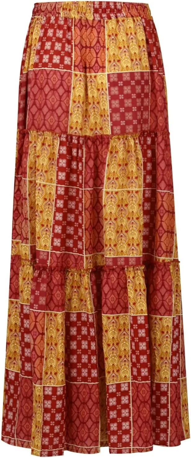 Long Flowy Skirts for Women Smocked High Waisted Maxi Skirt with Pockets Boho Ruffle Tiered Beach A Line Skirt