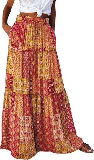 Long Flowy Skirts for Women Smocked High Waisted Maxi Skirt with Pockets Boho Ruffle Tiered Beach A Line Skirt