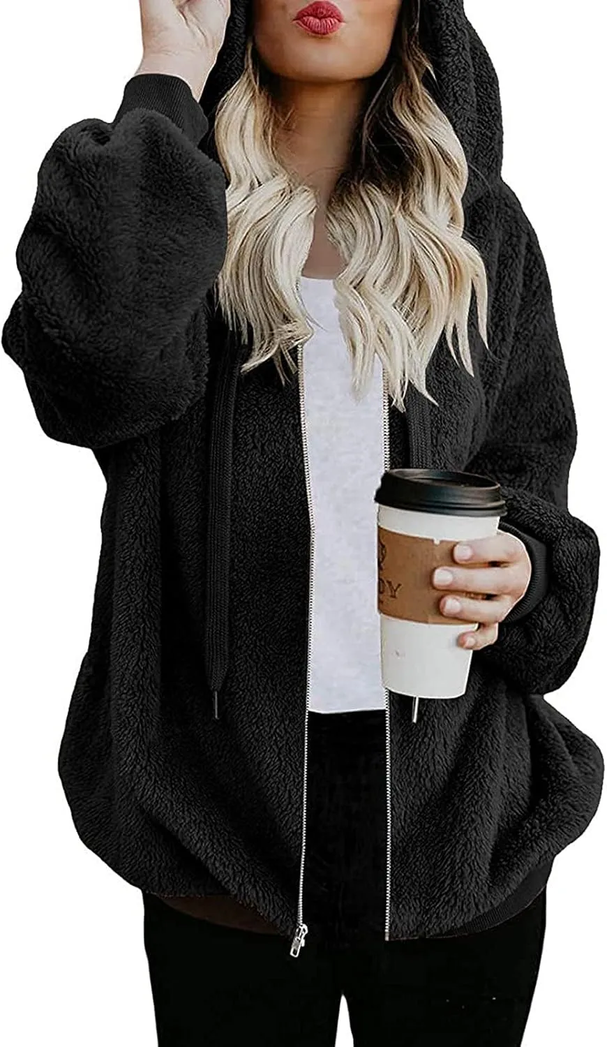Long Fuzzy Coat Long Sleeve Fleece Parkas Thick Warm Fluffy Jackets for Women Comfy Hooded Women Sherpa Lined Hoodie