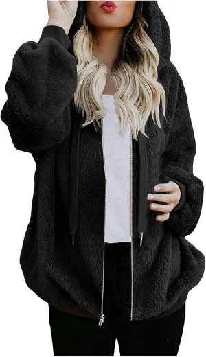 Long Fuzzy Coat Long Sleeve Fleece Parkas Thick Warm Fluffy Jackets for Women Comfy Hooded Women Sherpa Lined Hoodie