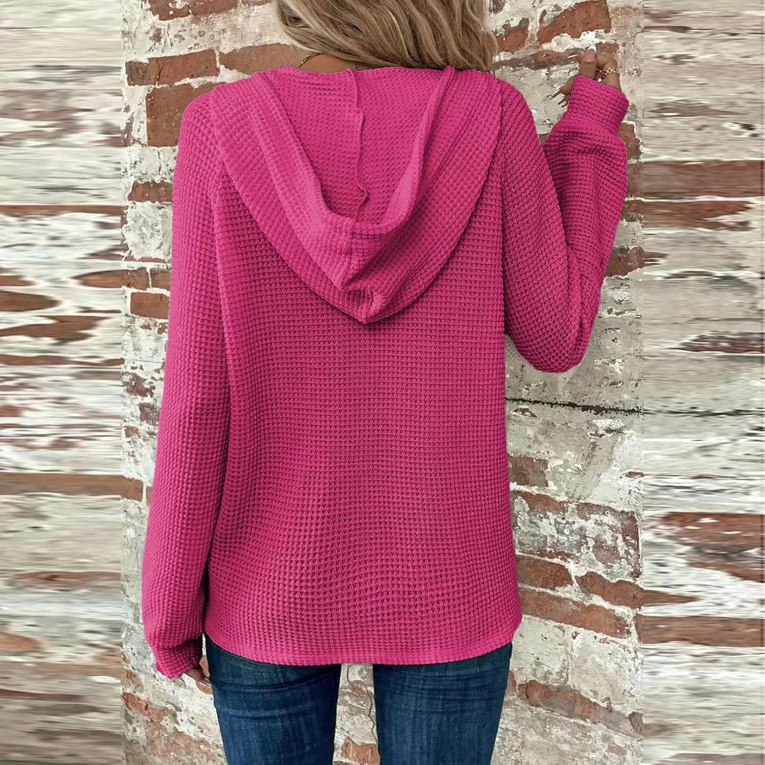 Long Sleeve Shirts for Women Waffle Knit Tunic Sweater Tops Casual Button Down Blouses Top Soft Hooded Sweatshirts