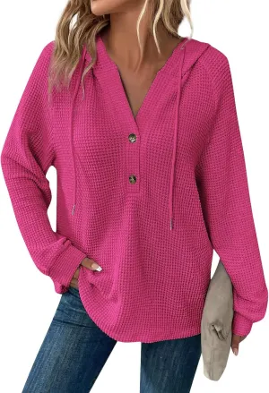Long Sleeve Shirts for Women Waffle Knit Tunic Sweater Tops Casual Button Down Blouses Top Soft Hooded Sweatshirts