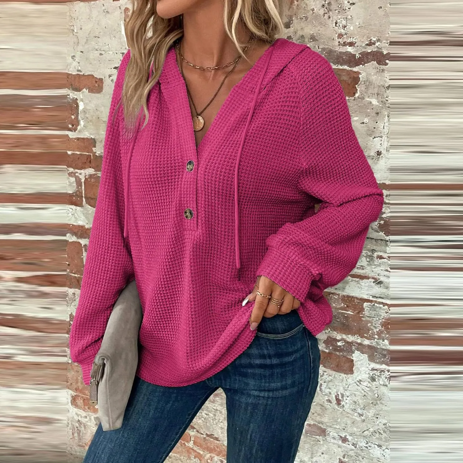 Long Sleeve Shirts for Women Waffle Knit Tunic Sweater Tops Casual Button Down Blouses Top Soft Hooded Sweatshirts