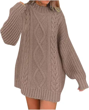 Long Sleeve Turtleneck Sweater Women Winter Casual Solid Color Cable Knitwear Oversize Mock Neck Long Sweater