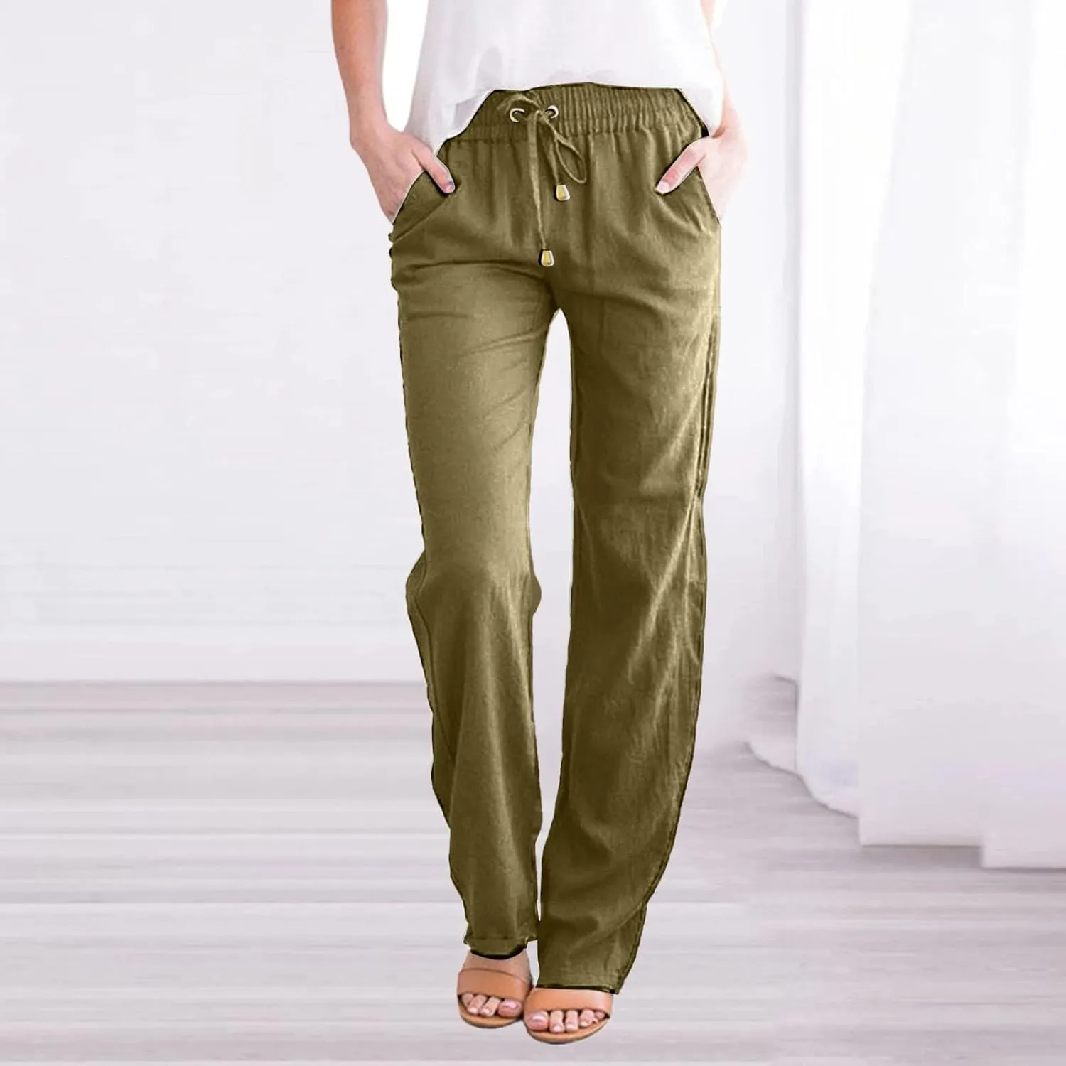 Lounge Pants Women With Pockets Loose Fit Petite Dressy Trouser 2025 Trendy Straight Leg Stretch Linen Sweatpant