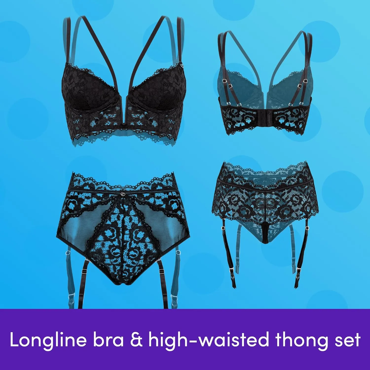 Lovehoney Lingerie Women's Parisienne Plunge Longline Bra Set - Lace and Padded Underwired Cups - Regular to Plus Size 2-20
