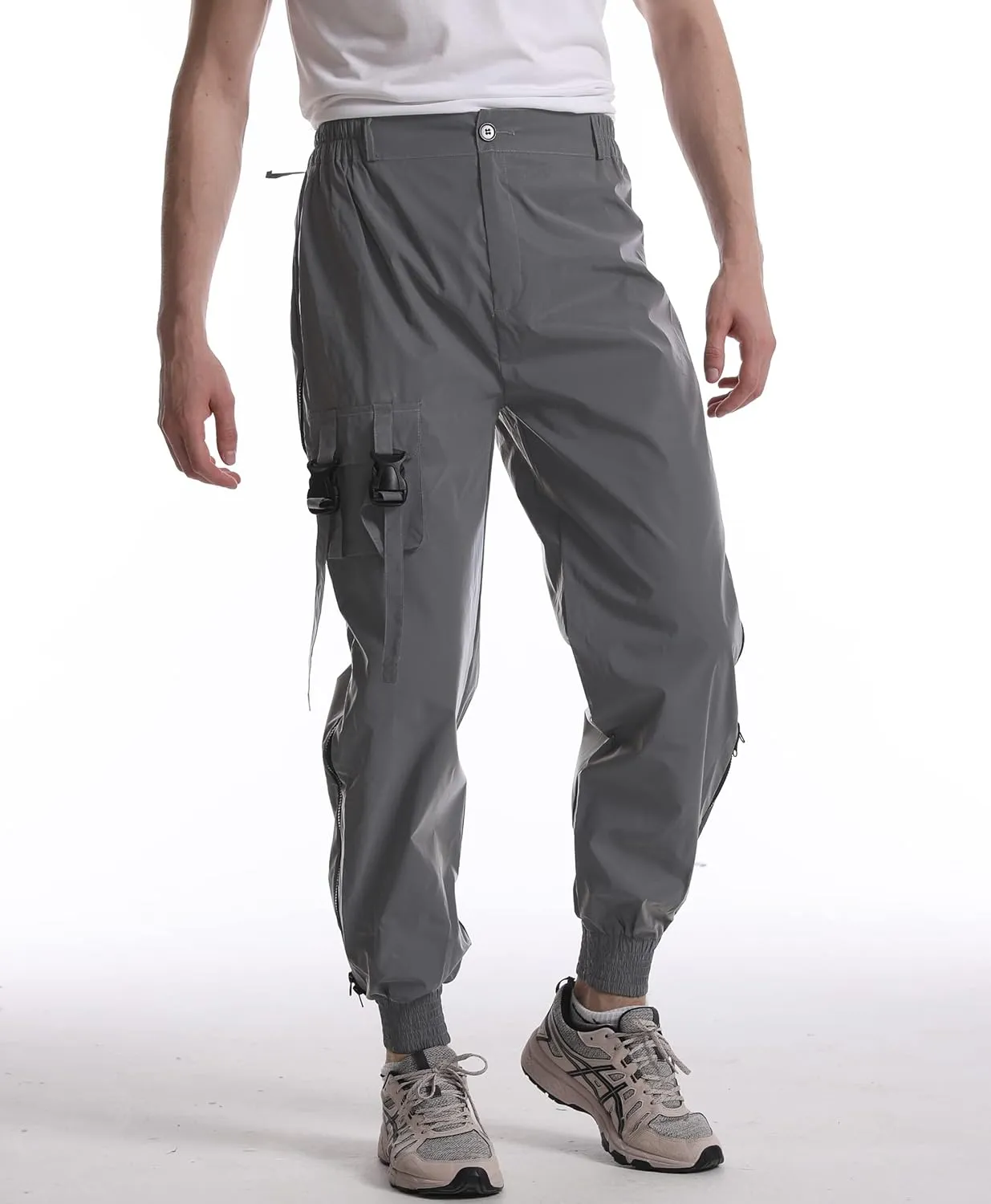 LZLRUN Men Rave Reflective Pants Breathable Zipper Fluorescent Trousers Casual Harajuku Night Sporting Jogger