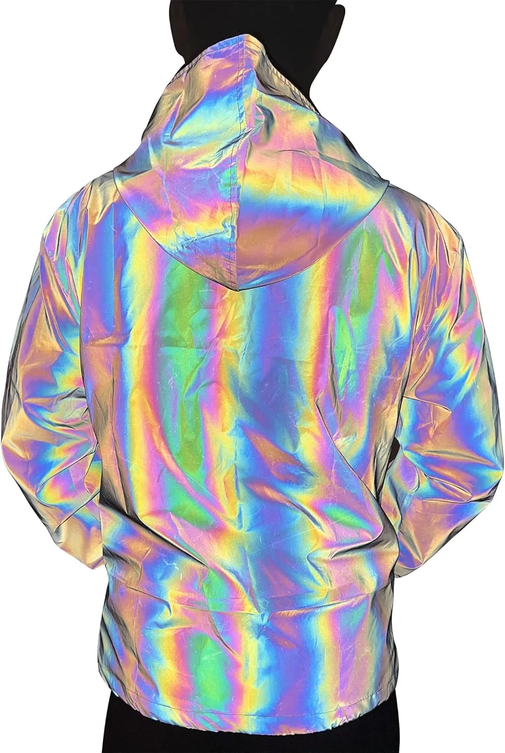 LZLRUN Rainbow Reflective Coat Hooded Windbreaker Fashion Holographic Runing Pocket Jacket High Visibility