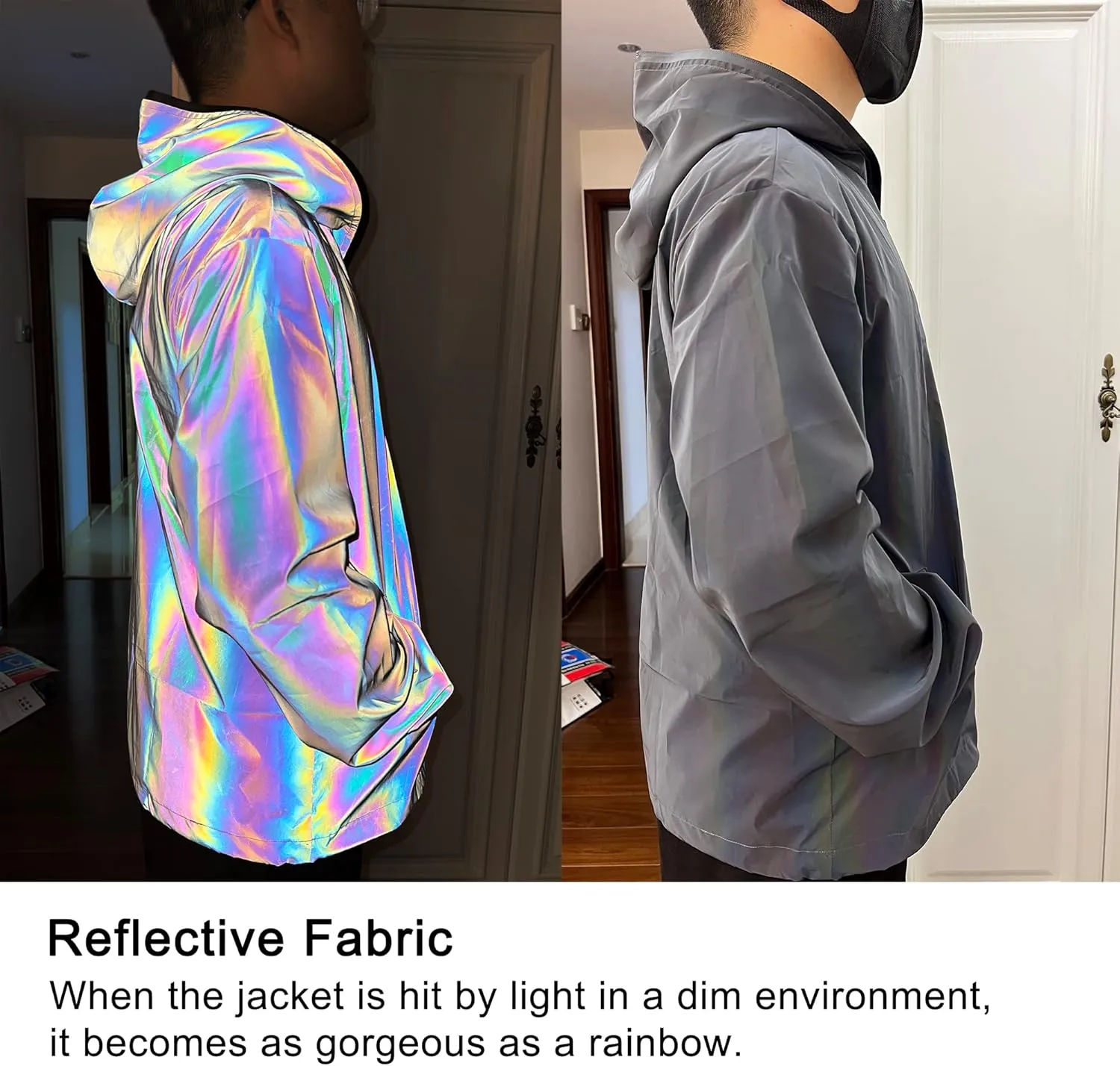 LZLRUN Rainbow Reflective Coat Hooded Windbreaker Fashion Holographic Runing Pocket Jacket High Visibility