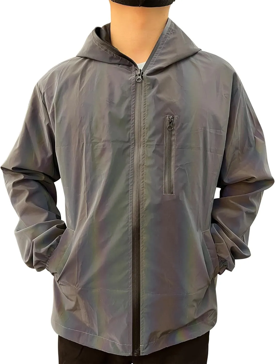 LZLRUN Rainbow Reflective Coat Hooded Windbreaker Fashion Holographic Runing Pocket Jacket High Visibility
