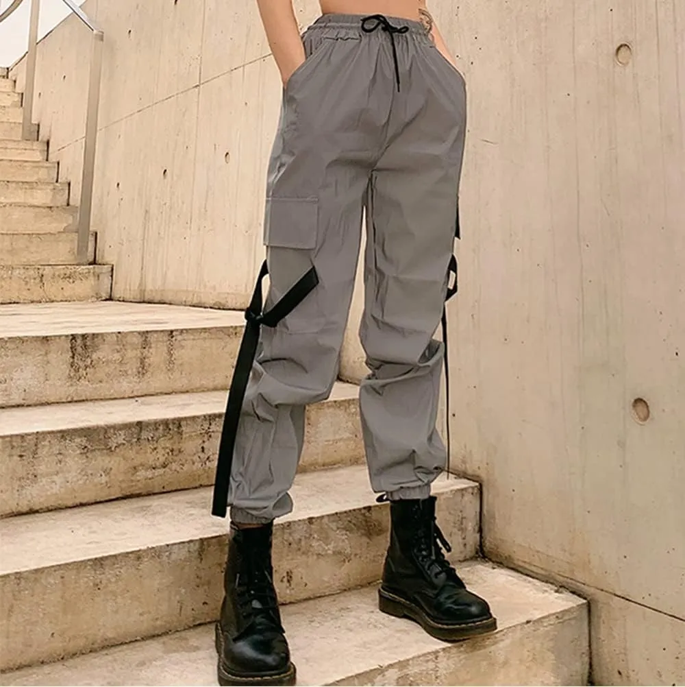 LZLRUN Women Streetwear Hip Hop Reflective Loose Cargo Pants Harajuku Cargo Jogger Elastic Sweatpant