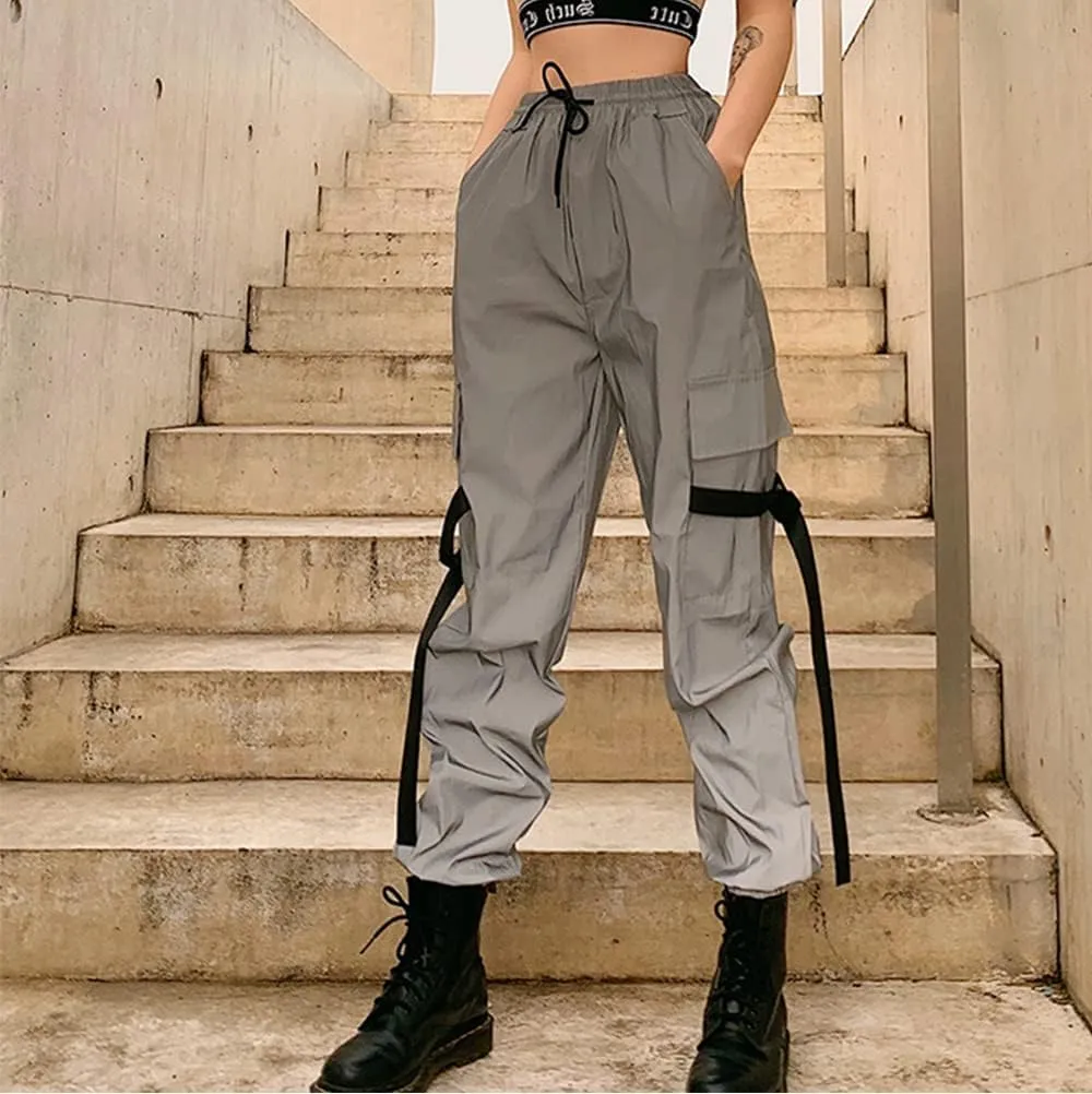 LZLRUN Women Streetwear Hip Hop Reflective Loose Cargo Pants Harajuku Cargo Jogger Elastic Sweatpant