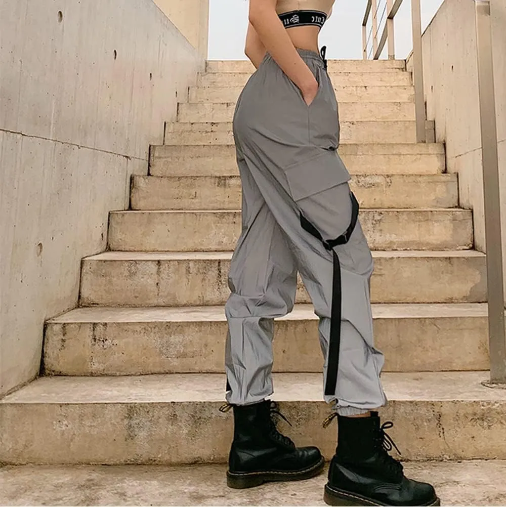 LZLRUN Women Streetwear Hip Hop Reflective Loose Cargo Pants Harajuku Cargo Jogger Elastic Sweatpant