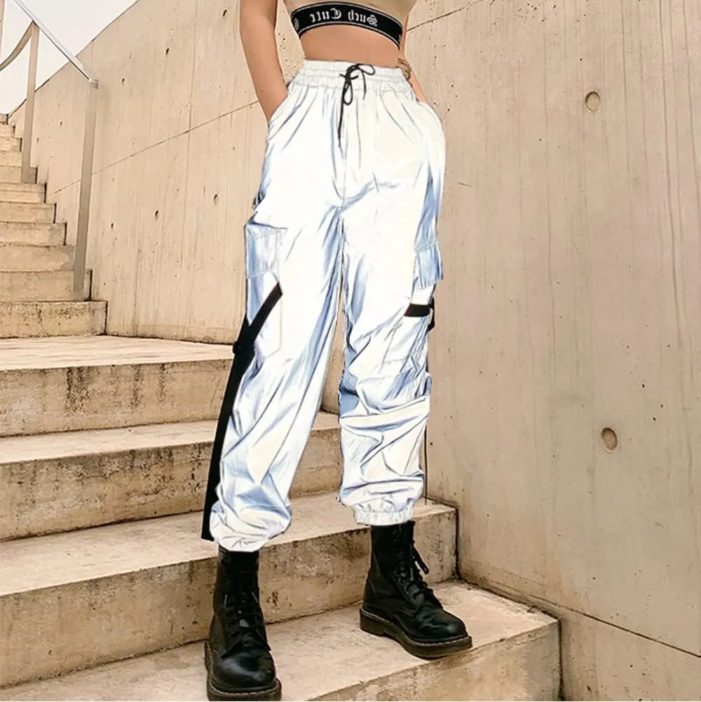 LZLRUN Women Streetwear Hip Hop Reflective Loose Cargo Pants Harajuku Cargo Jogger Elastic Sweatpant