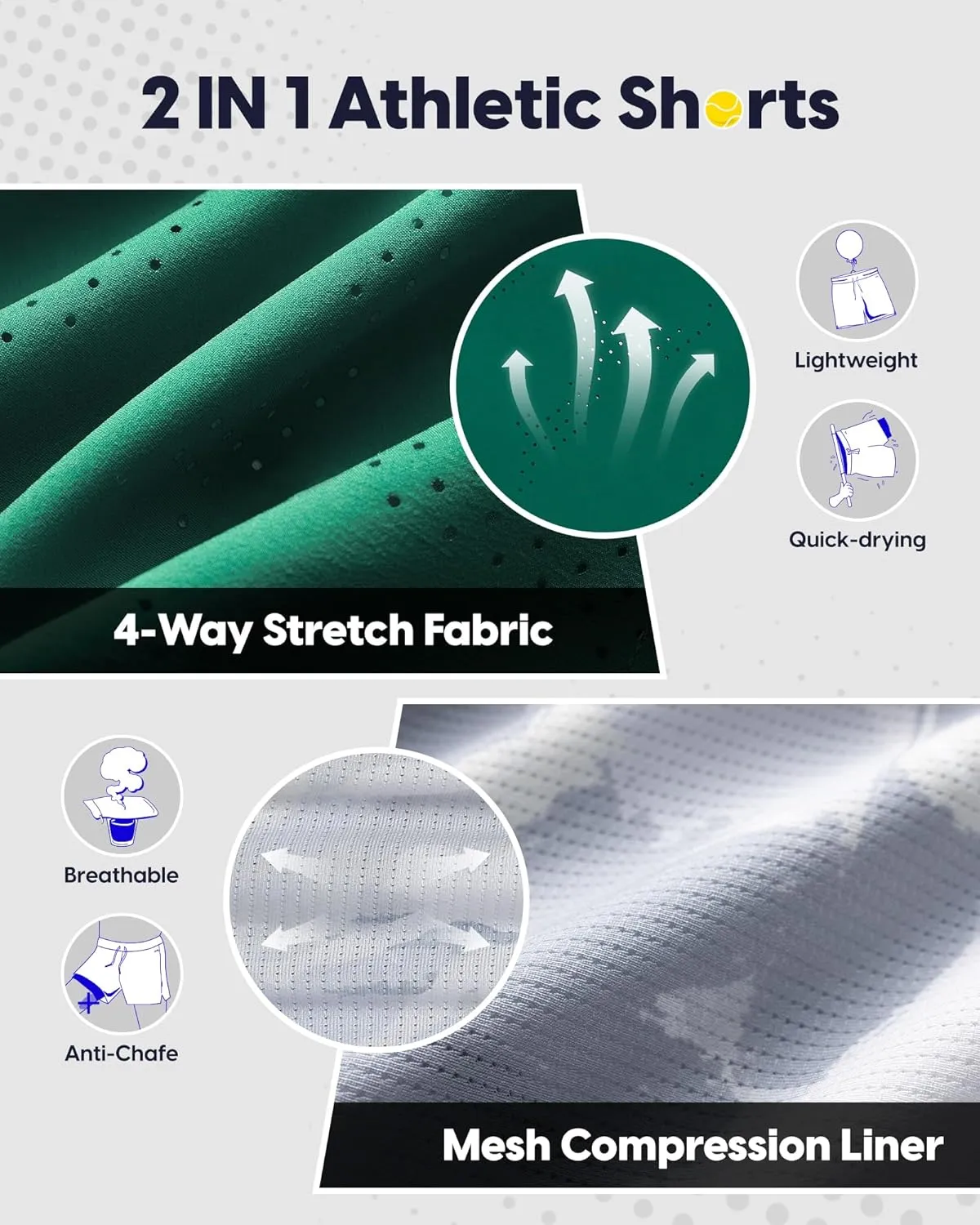 maamgic Men's 2 in 1 Gym Shorts 5 Inch Athletic Tennis Shorts Stretch Workout Running Shorts with Liner