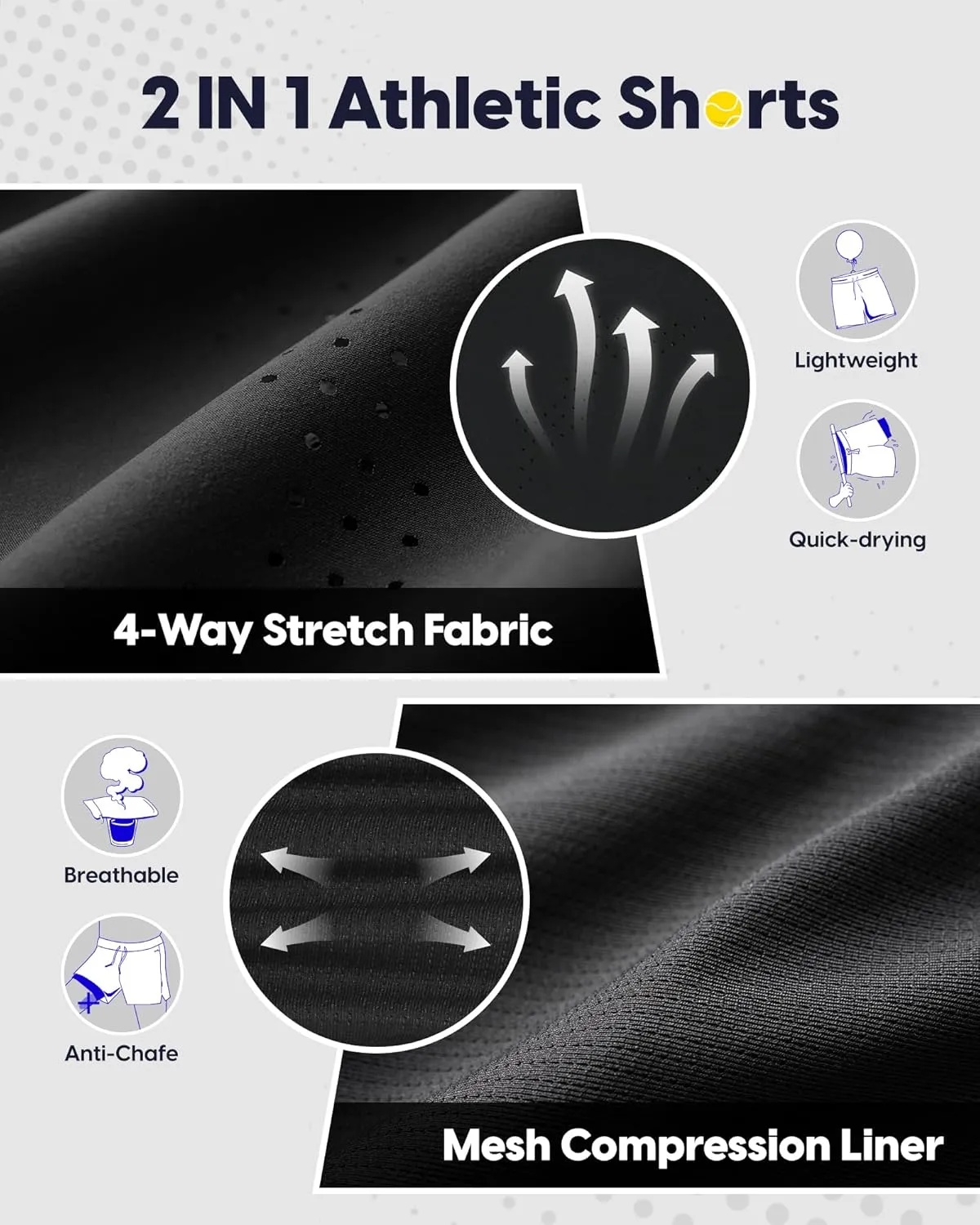 maamgic Men's 2 in 1 Gym Shorts 5 Inch Athletic Tennis Shorts Stretch Workout Running Shorts with Liner