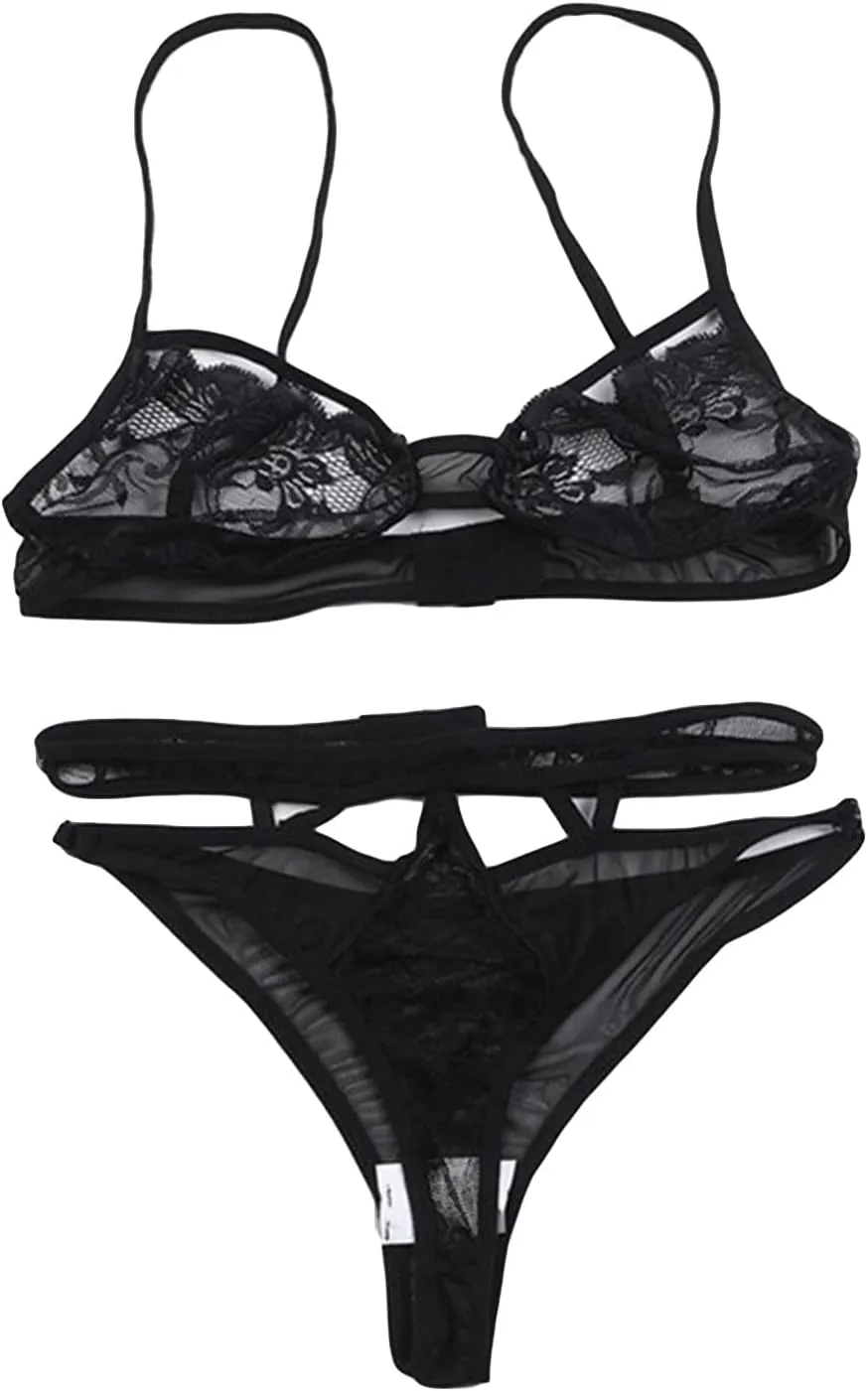 Maiyifu-GJ Sexy Cut Out Lingerie Set for Women Lace Strappy Bralette Bra and Panty Sets 2 Piece Mini Babydoll Underwear