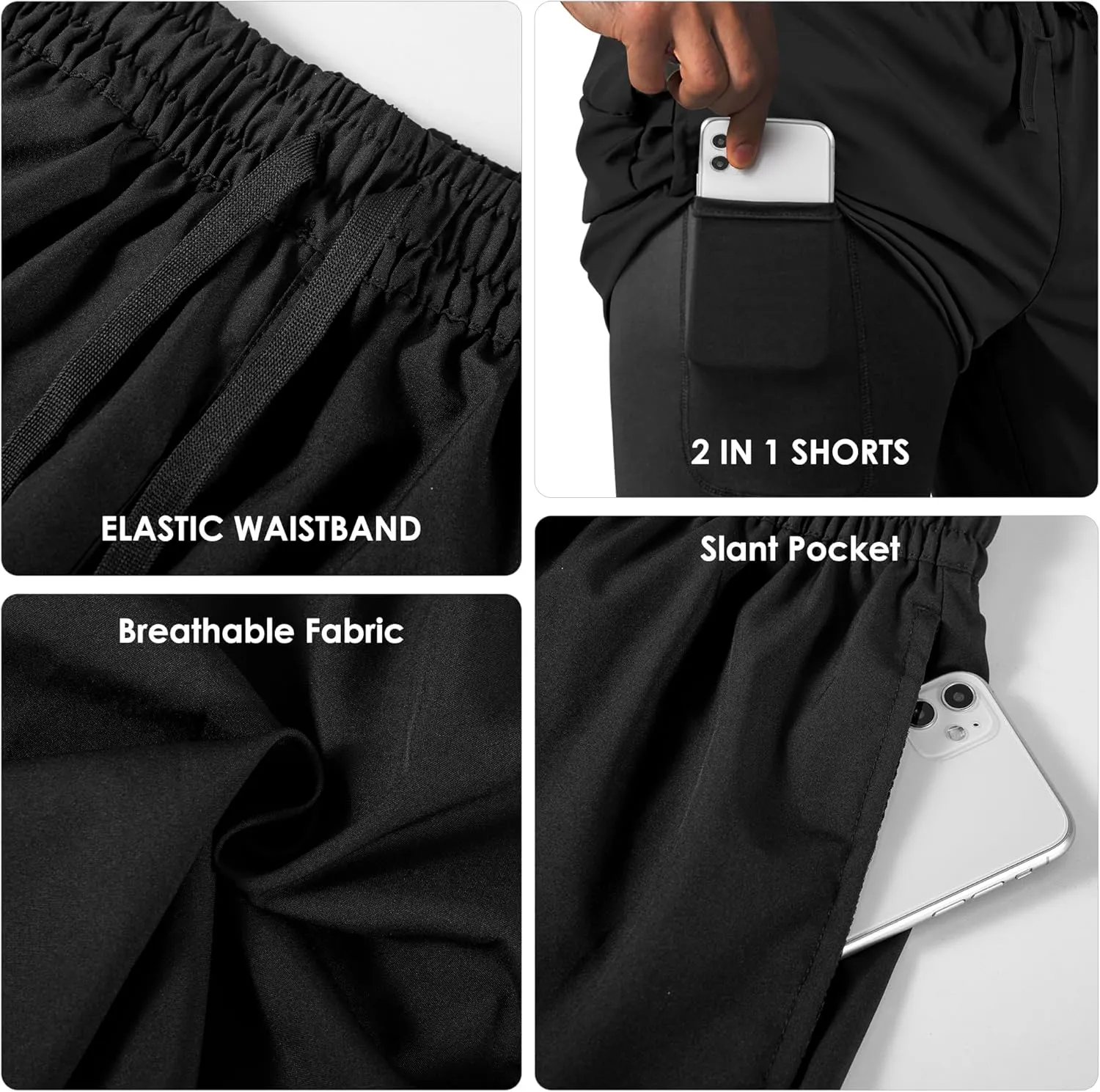 Men's 2 in 1 Athletic Quick Dry Shorts,Running Lightweight,Sweat Wicking Gym Workout Elastic Short