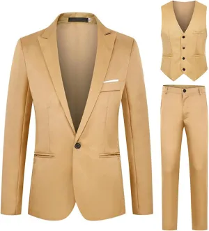 Men's 3 Piece Blazer Jacket Vest Pants, Slim Fit Suit Button Blazer Dress Business Wedding Party Suits