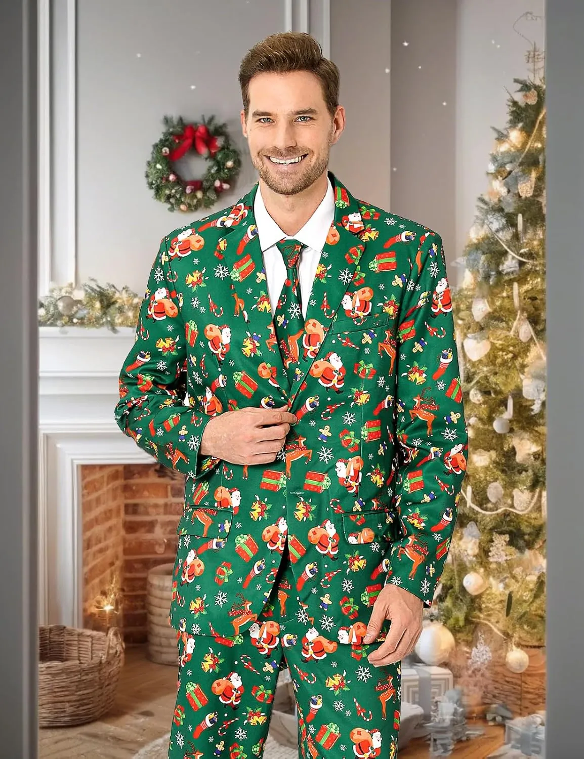 Men's 3-Piece Halloween & Christmas Suit, Two Button Jacket & Pants & Tie