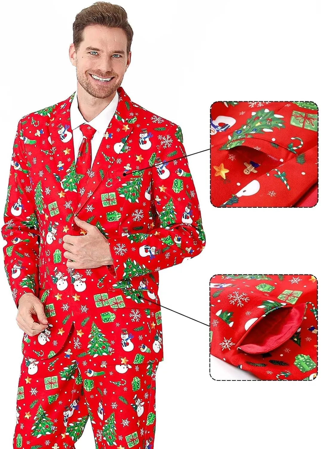 Men's 3-Piece Halloween & Christmas Suit, Two Button Jacket & Pants & Tie