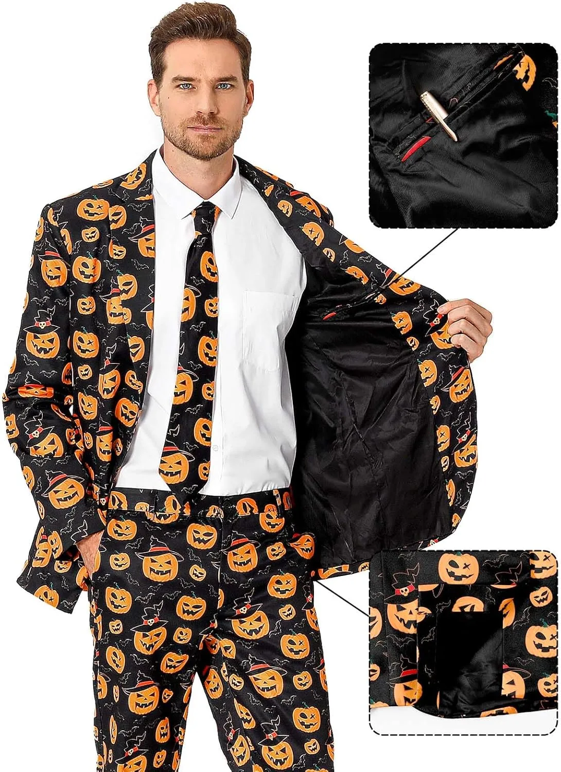 Men's 3-Piece Halloween & Christmas Suit, Two Button Jacket & Pants & Tie