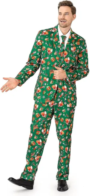 Men's 3-Piece Halloween & Christmas Suit, Two Button Jacket & Pants & Tie