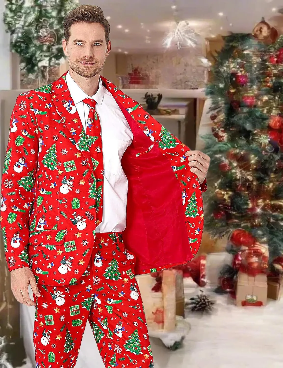Men's 3-Piece Halloween & Christmas Suit, Two Button Jacket & Pants & Tie