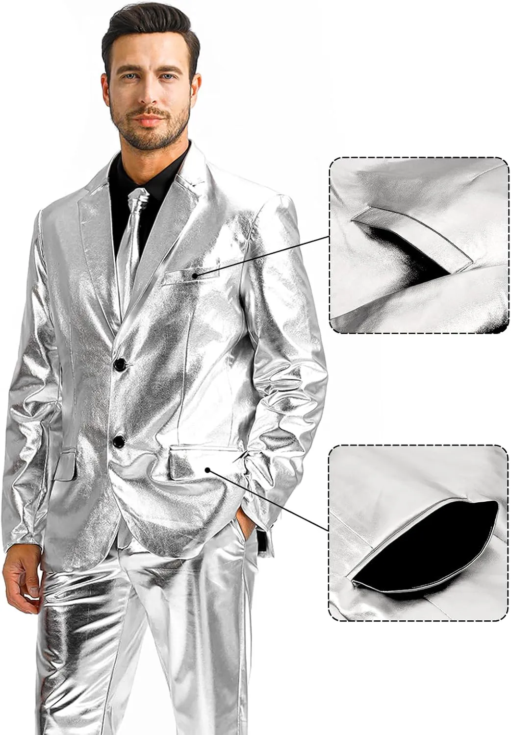 Men's 3-Piece Shiny Metallic Suits, Two Button Jacket & Pants & Tie