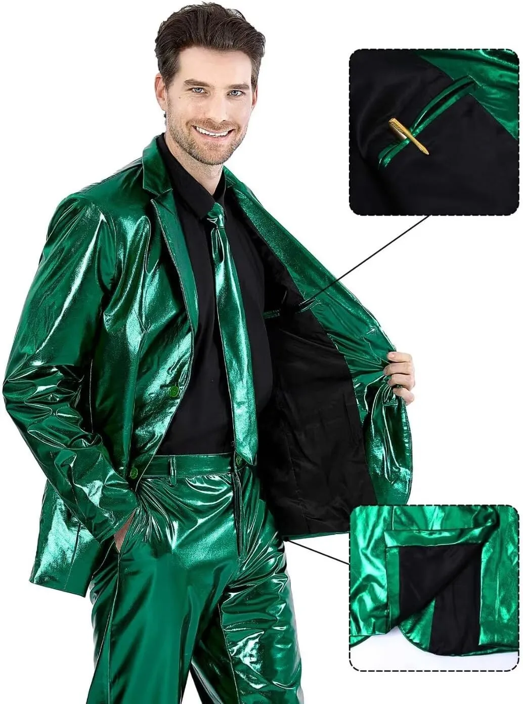 Men's 3-Piece Shiny Metallic Suits, Two Button Jacket & Pants & Tie