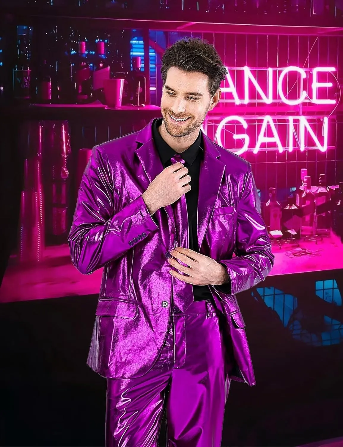 Men's 3-Piece Shiny Metallic Suits, Two Button Jacket & Pants & Tie