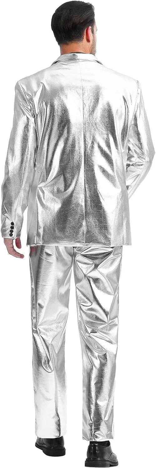 Men's 3-Piece Shiny Metallic Suits, Two Button Jacket & Pants & Tie