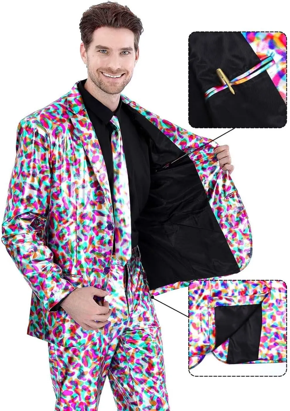 Men's 3-Piece Shiny Metallic Suits, Two Button Jacket & Pants & Tie