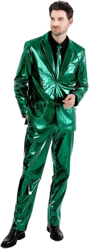 Men's 3-Piece Shiny Metallic Suits, Two Button Jacket & Pants & Tie