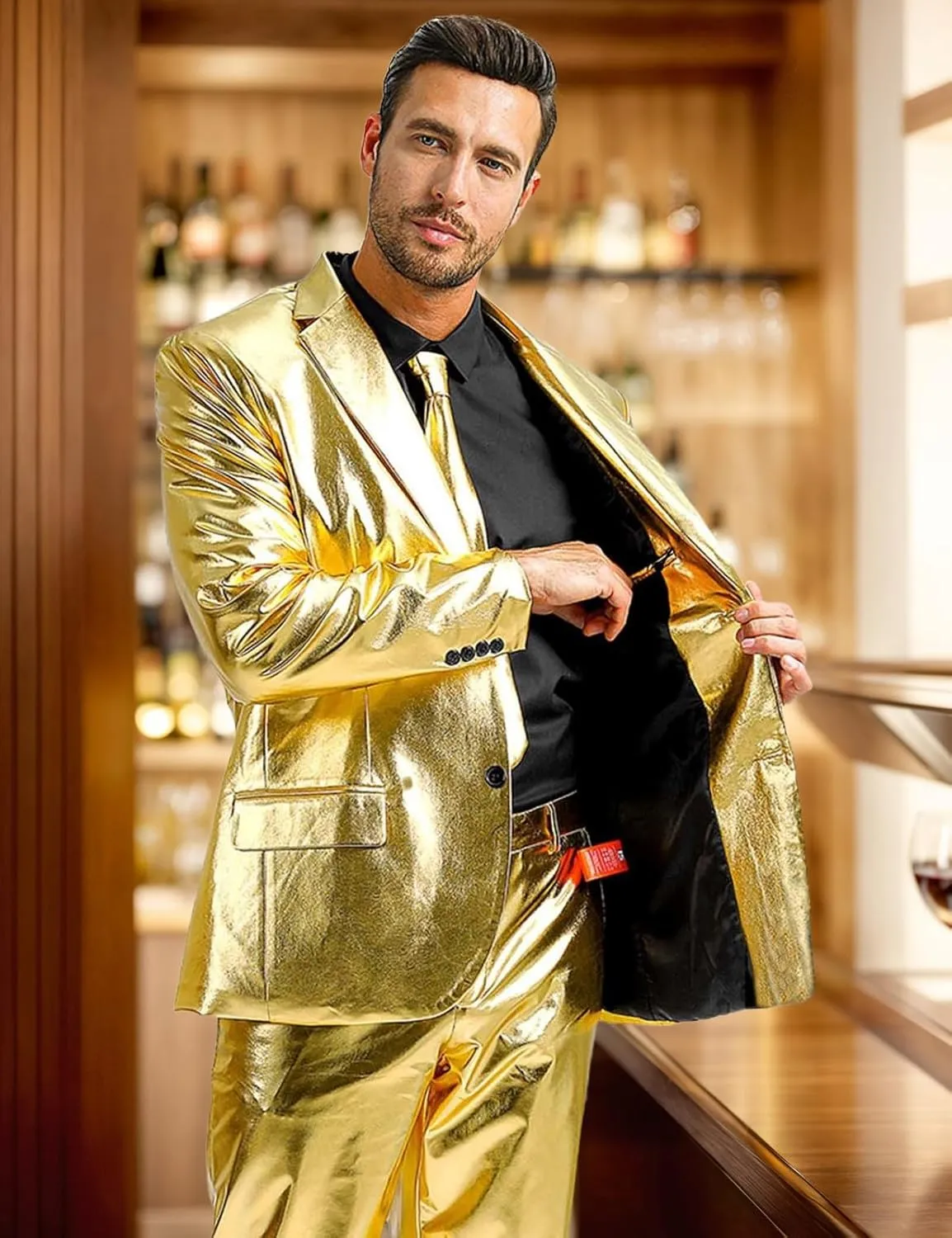 Men's 3-Piece Shiny Metallic Suits, Two Button Jacket & Pants & Tie