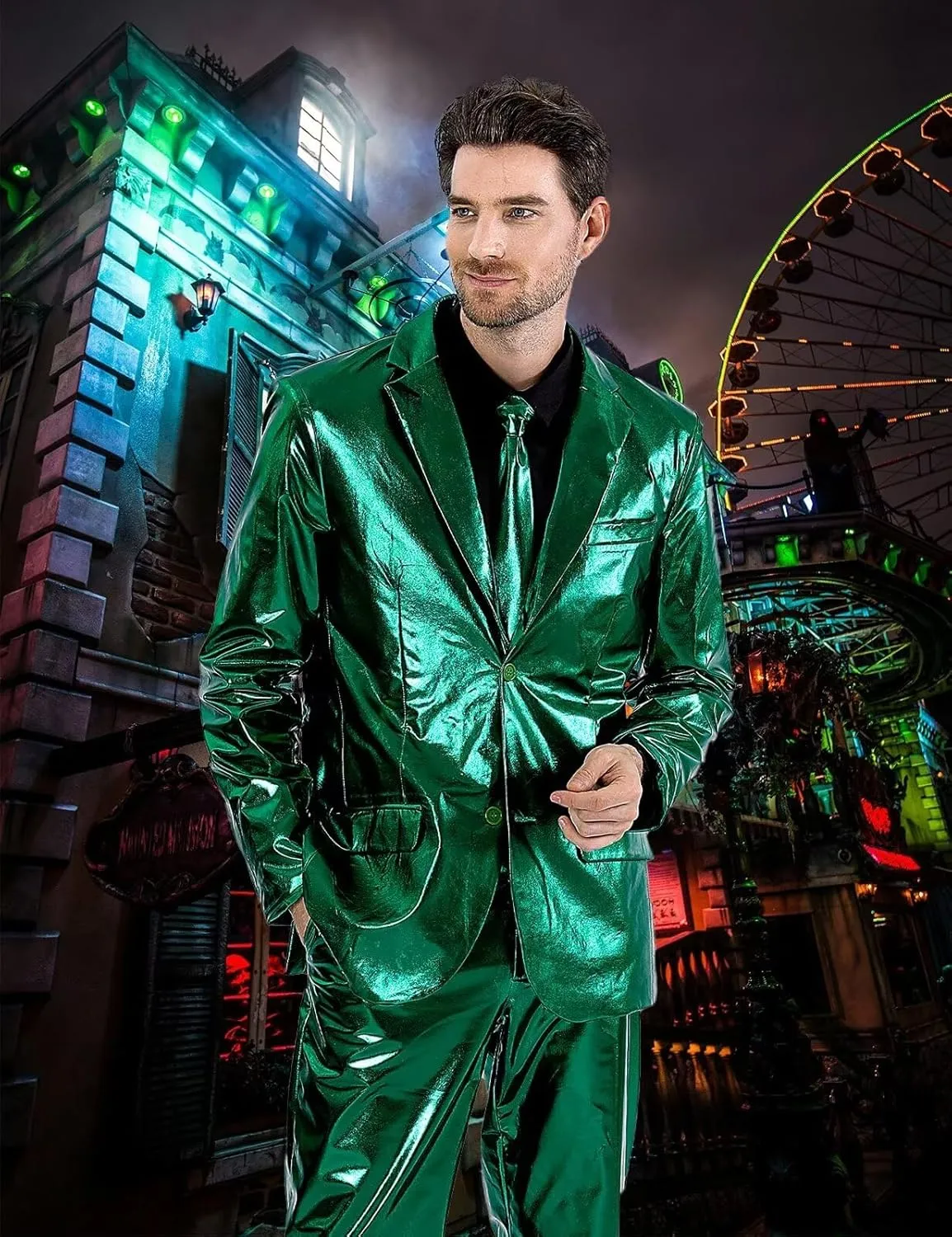 Men's 3-Piece Shiny Metallic Suits, Two Button Jacket & Pants & Tie