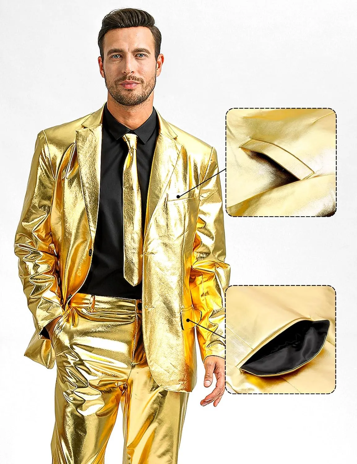 Men's 3-Piece Shiny Metallic Suits, Two Button Jacket & Pants & Tie