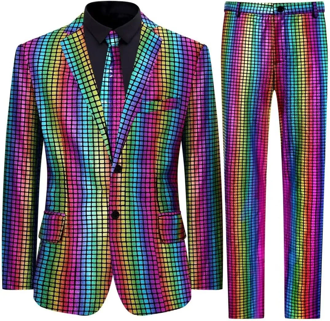 Men's 3-Piece Shiny Metallic Suits, Two Button Jacket & Pants & Tie