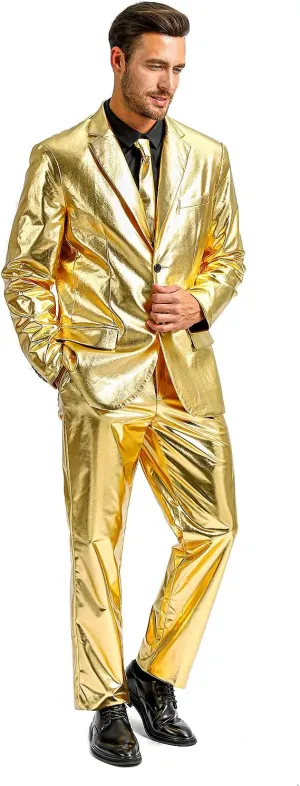 Men's 3-Piece Shiny Metallic Suits, Two Button Jacket & Pants & Tie