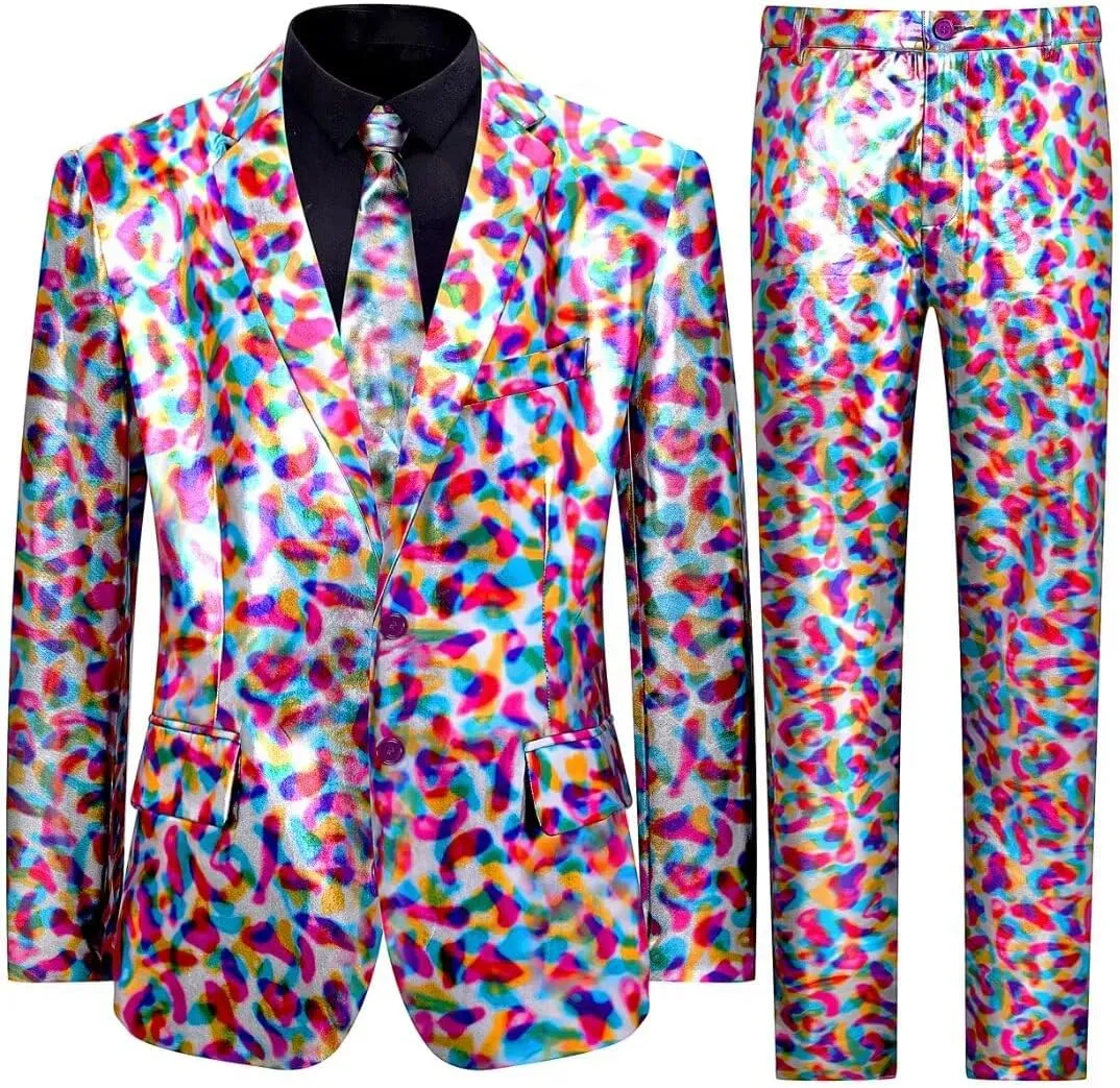 Men's 3-Piece Shiny Metallic Suits, Two Button Jacket & Pants & Tie