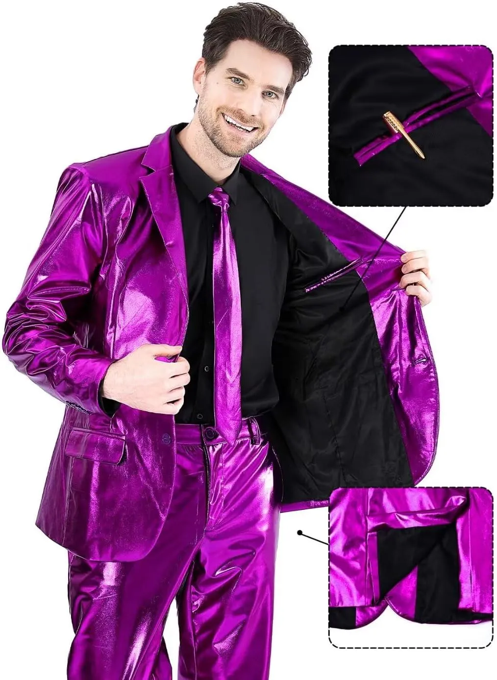 Men's 3-Piece Shiny Metallic Suits, Two Button Jacket & Pants & Tie