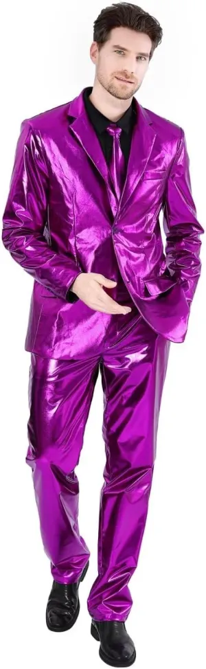 Men's 3-Piece Shiny Metallic Suits, Two Button Jacket & Pants & Tie