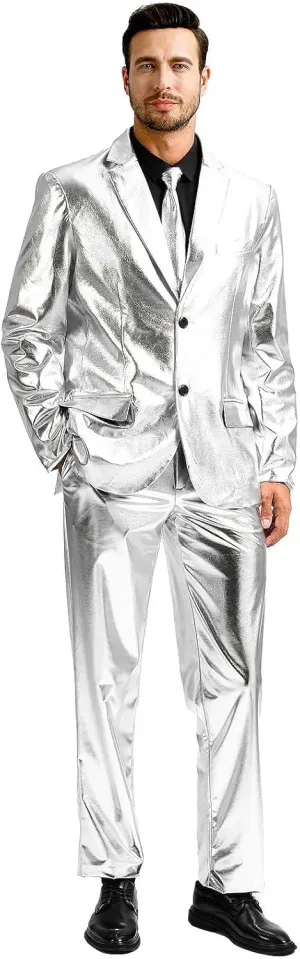 Men's 3-Piece Shiny Metallic Suits, Two Button Jacket & Pants & Tie