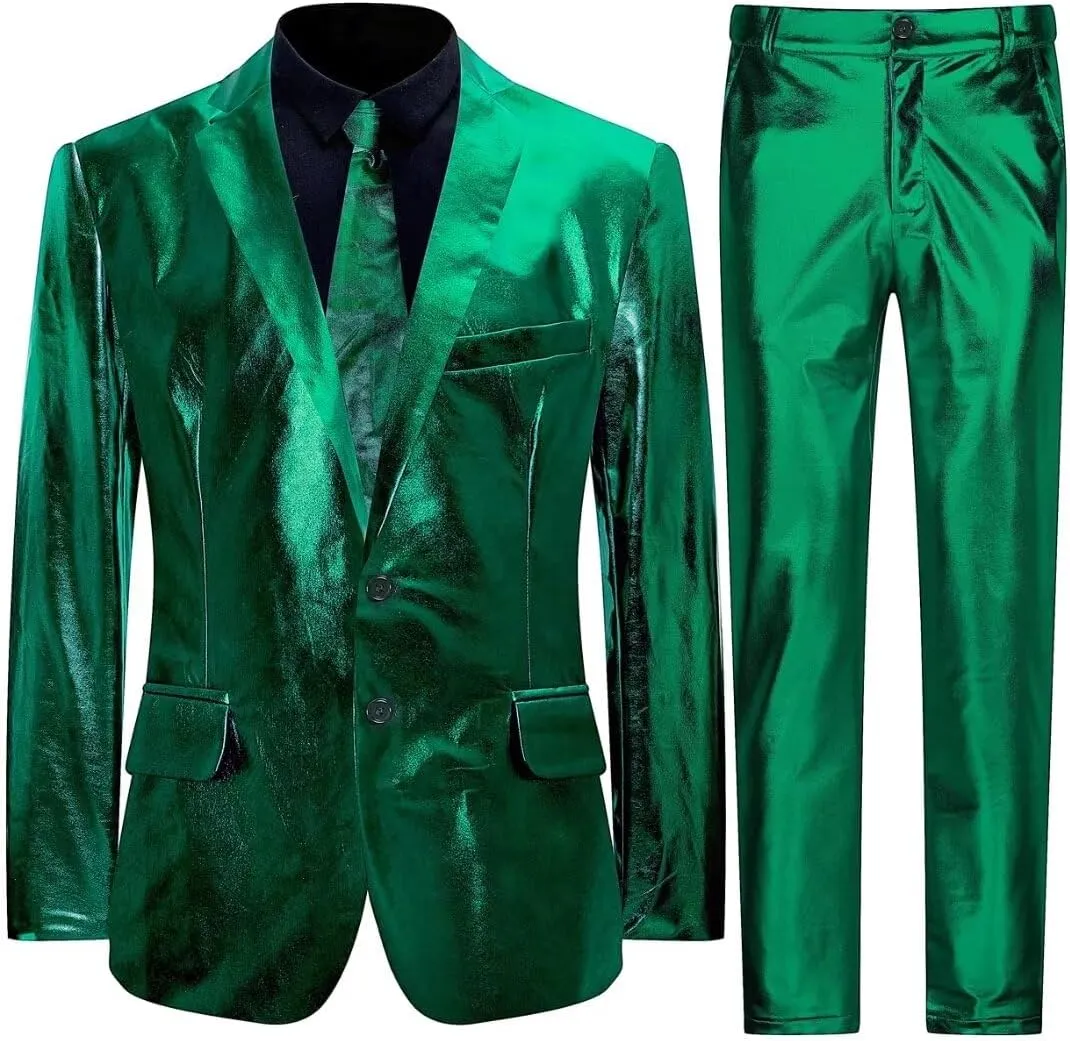 Men's 3-Piece Shiny Metallic Suits, Two Button Jacket & Pants & Tie