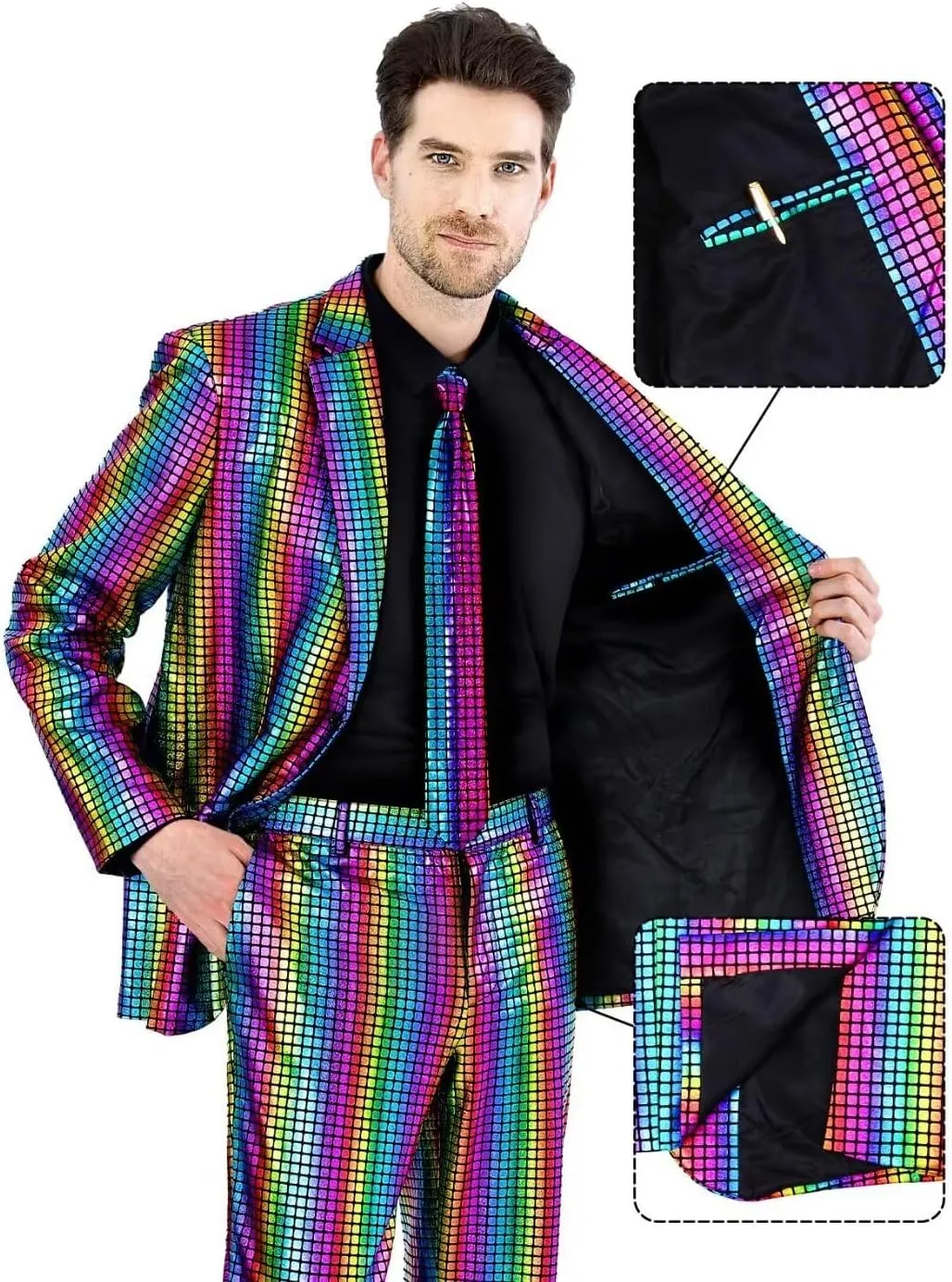 Men's 3-Piece Shiny Metallic Suits, Two Button Jacket & Pants & Tie