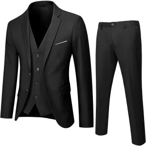 Mens 3 Piece Tuxedo Slim Fit Suit Sets One Button Blazer Jackets Lapel Vest Pant Dress Tux for Business Wedding Prom