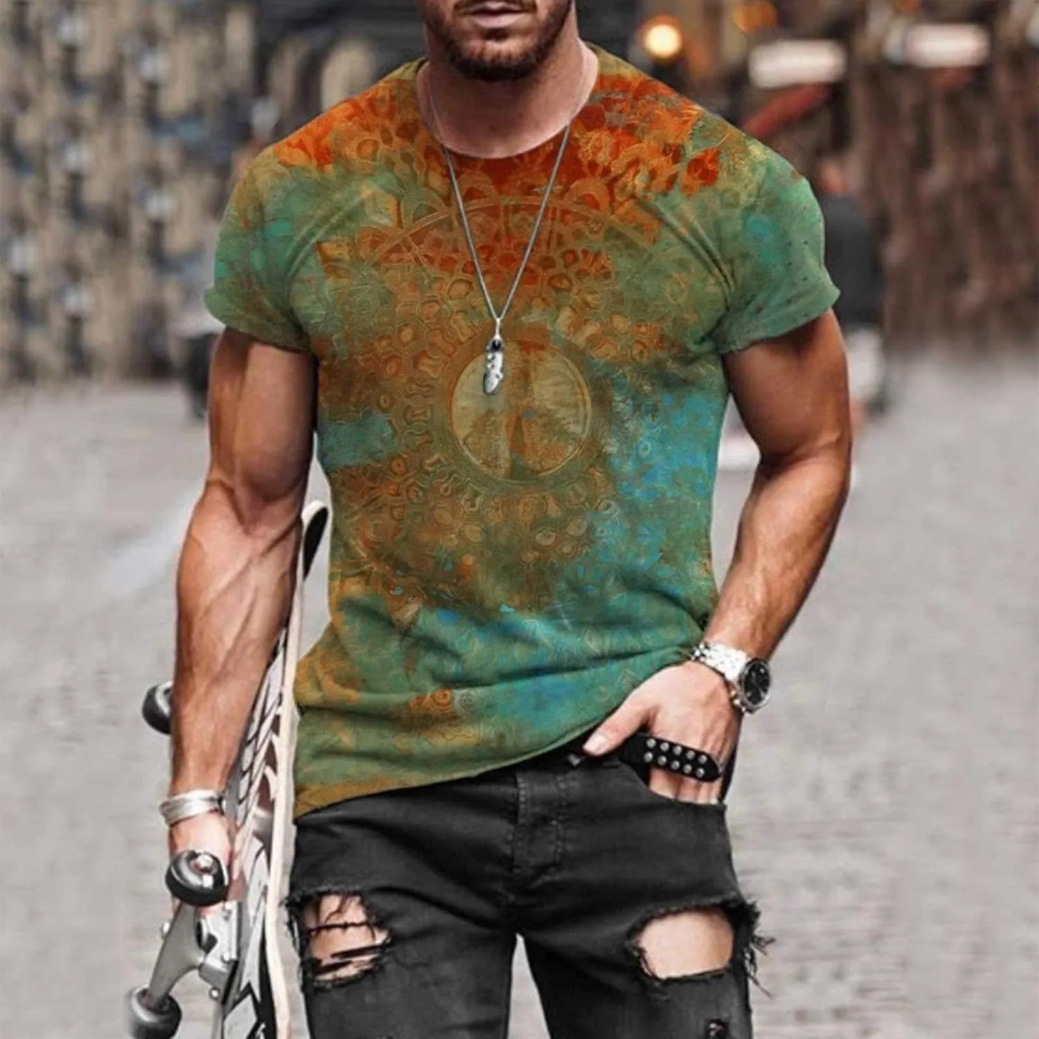Mens 3D Printed T-Shirt Aloha Hipster Hip Hop Pullover Tees Workout Colour Block Gym Muscle Top Vintage Blouse