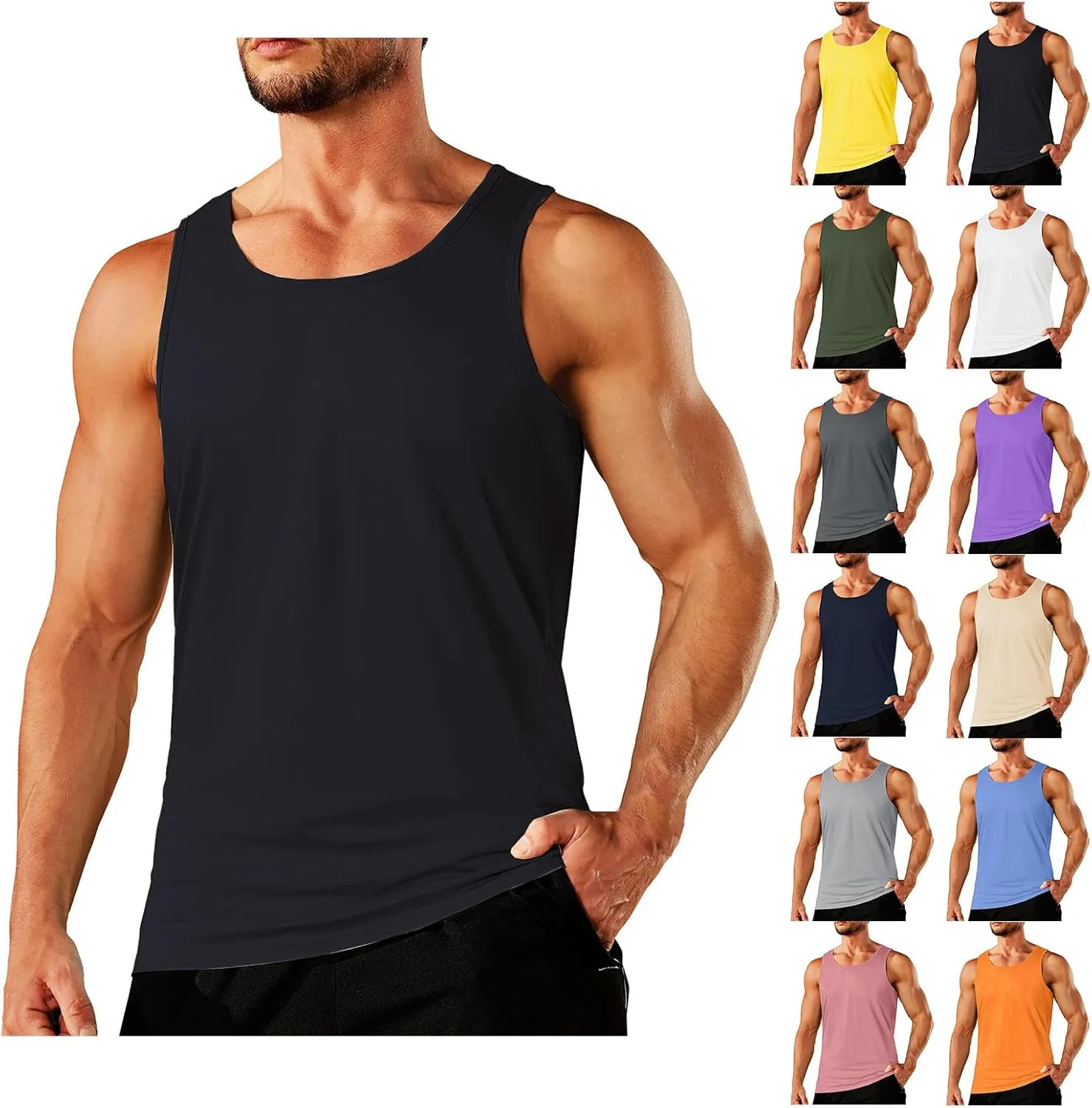 Mens Athletic Tank Tops Gym Muscle Sleeveless T Shirts Casual Solid Color Crewneck Tees Summer Soft Basic Sports Tops