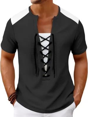Mens Lace Up Renaissance Shirts Short Sleeve Color Block Viking Steampunk Pirate Shirt Retro Hippie Beach Tee Shirts